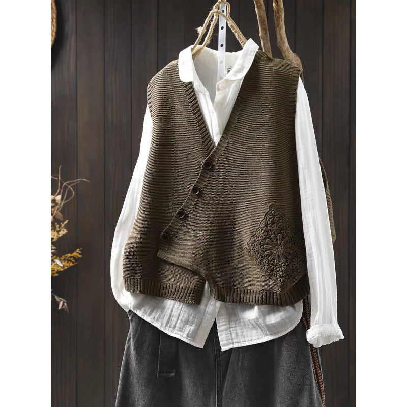 Women's V-neck Cotton Knitted Vest Cardigan