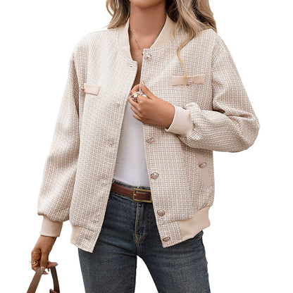 Retro Debutante Style Baseball Uniform Loose Baseball Collar Plaid Jacket