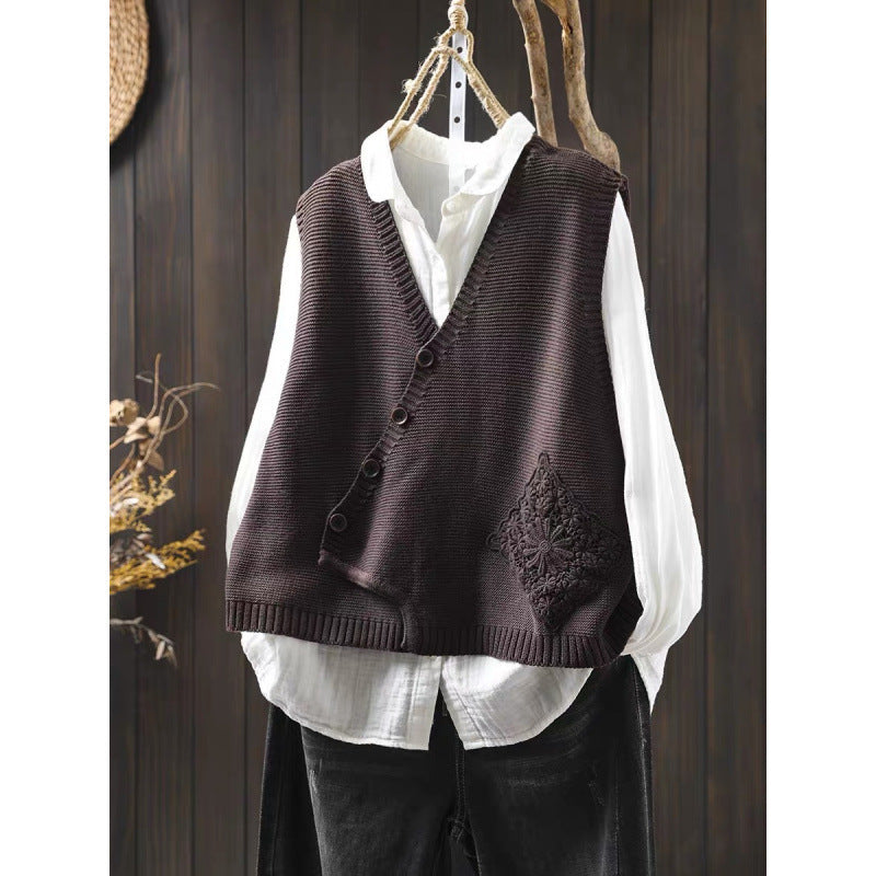 Women's V-neck Cotton Knitted Vest Cardigan