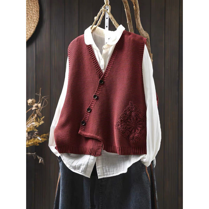 Women's V-neck Cotton Knitted Vest Cardigan